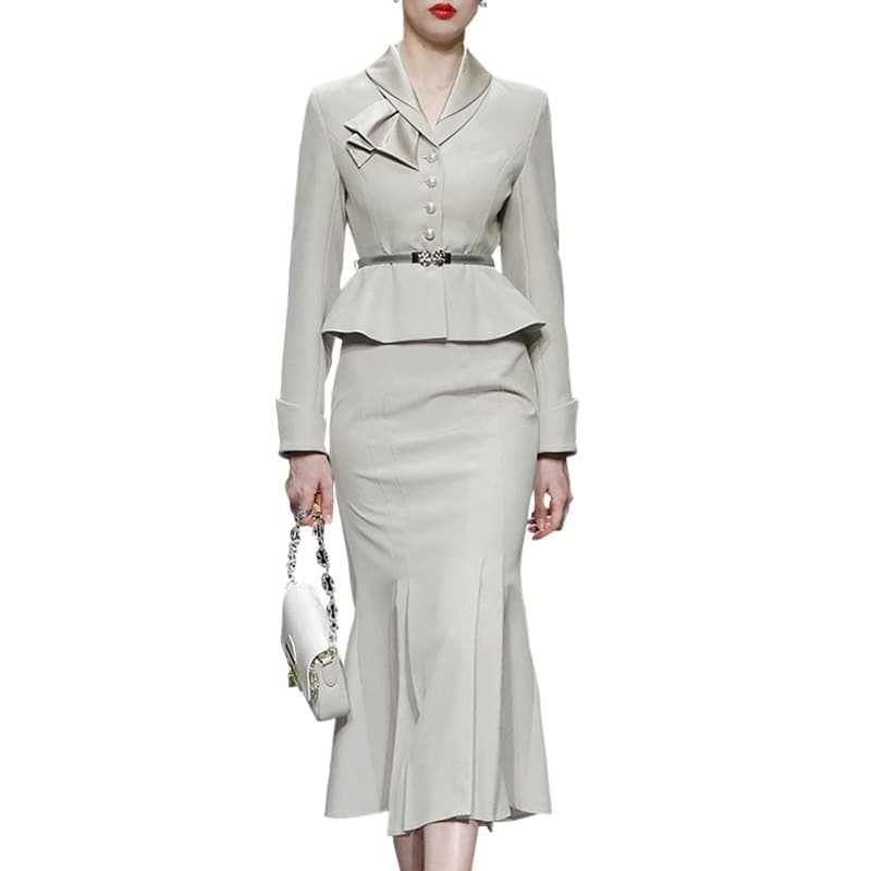 New Women Autumn Casual 2 Pieces Set Single-Breasted Tops Simple Mermaid Skirt Korean Profession Skirt Suit