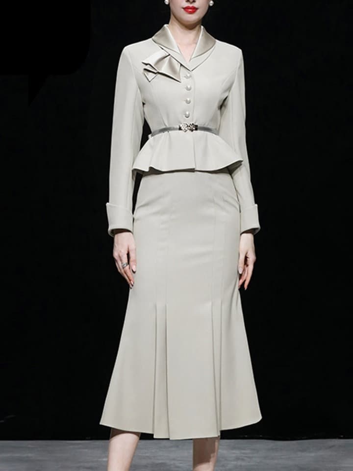 New Women Autumn Casual 2 Pieces Set Single-Breasted Tops Simple Mermaid Skirt Korean Profession Skirt Suit