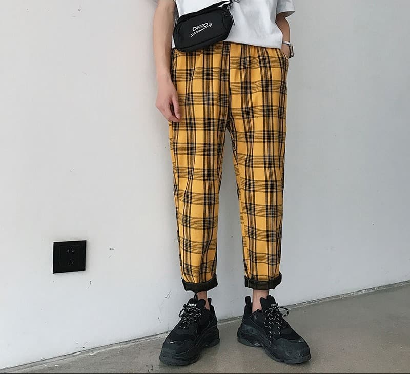 New Streetwear Black Plaid Pants Men Joggers Mens Straight Harem Pants Men Korean Hip Hop Trousers Plus Size