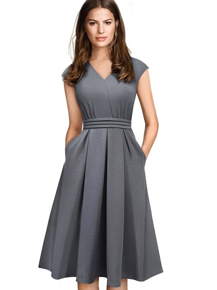 Brief Elegant Solid Color Sleeveless vestidos with Pocket A-Line Women Flare Dress A196