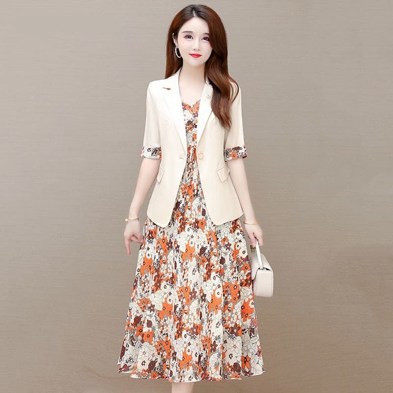 New Summer Casual Floral Dress Suits Women 2 Piece Set Korean Thin Half Sleeve Blazer Jacket Sleeveless Chiffon Tank Dress Outfits