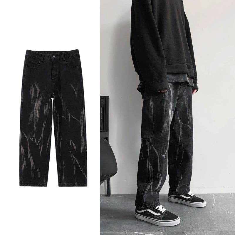 Hip Hop Tie Dye Jeans Men Fashion Retro Casual Baggy Wide Leg Jeans Mens Streetwear Korean Loose Camo Straight Denim Pants Men