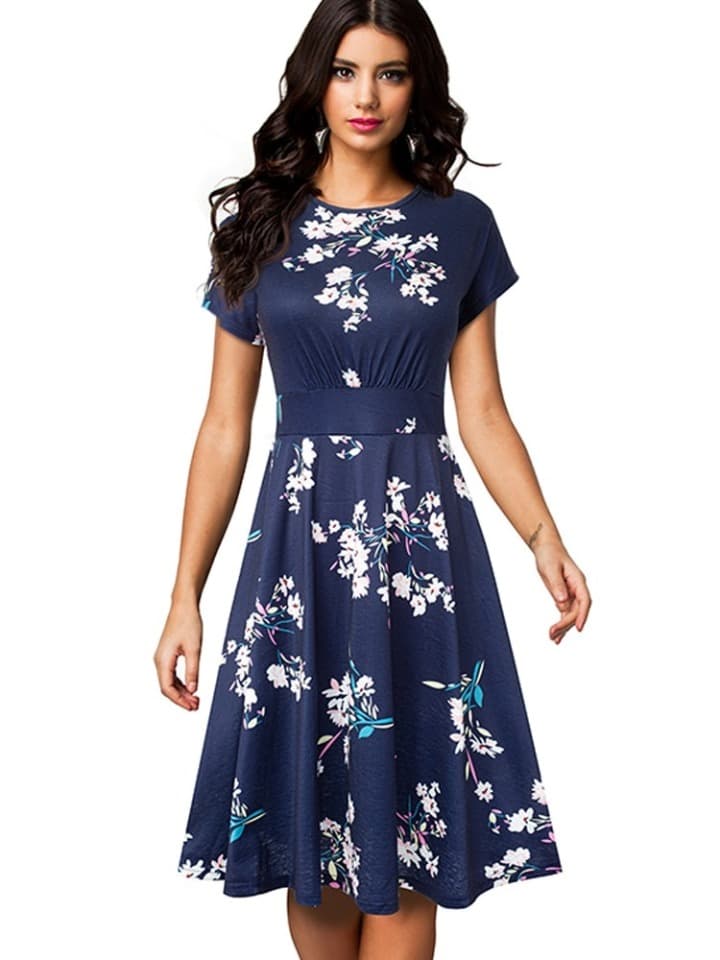 Vintage Elegant Floral Print Pleated Round neck vestidos A-Line Pinup Business Party Women Flare Swing Dress A102