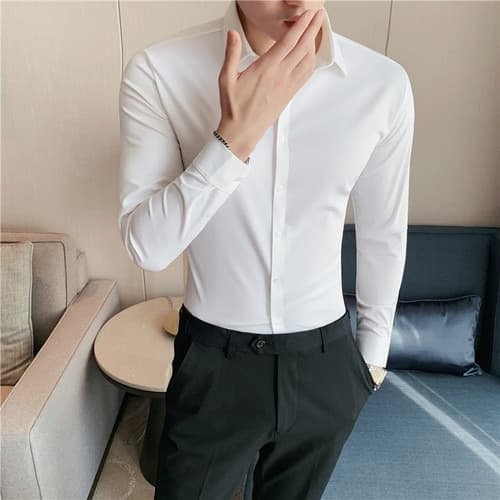 New High Elasticity Seamless Men Shirt Long Sleeve Slim Casual Shirt Solid Color Business Formal Dress Shirts Social Party Blouse