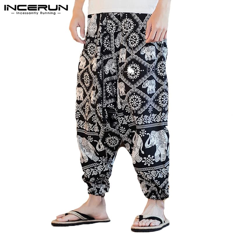 New Men Harem Pants Print Retro Drop Crotch Joggers Cotton Trousers Men Baggy Loose Nepal Style Men Casual Pants S 5XL