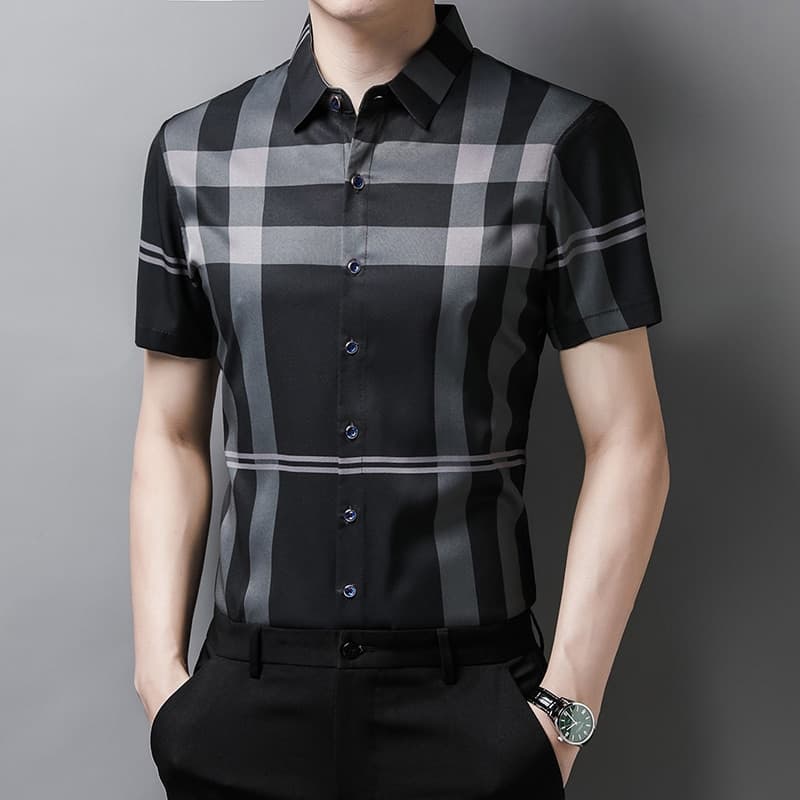 New Plaid Shirt Men High Quality Silk Summer Short sleeve Casual Shirts Men Slim Fit Camisa Masculina C748