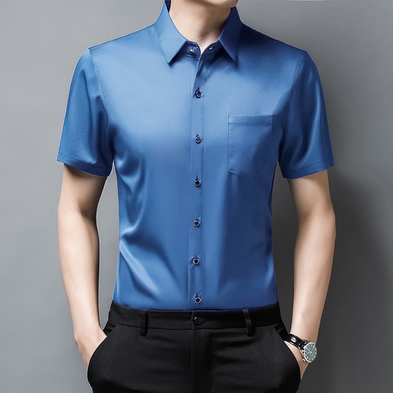 New Solid Color Dress Shirt Summer Short Sleeve Casual Shirts Men Slim Fit Silk Camisa Masculina Men Clothing C753