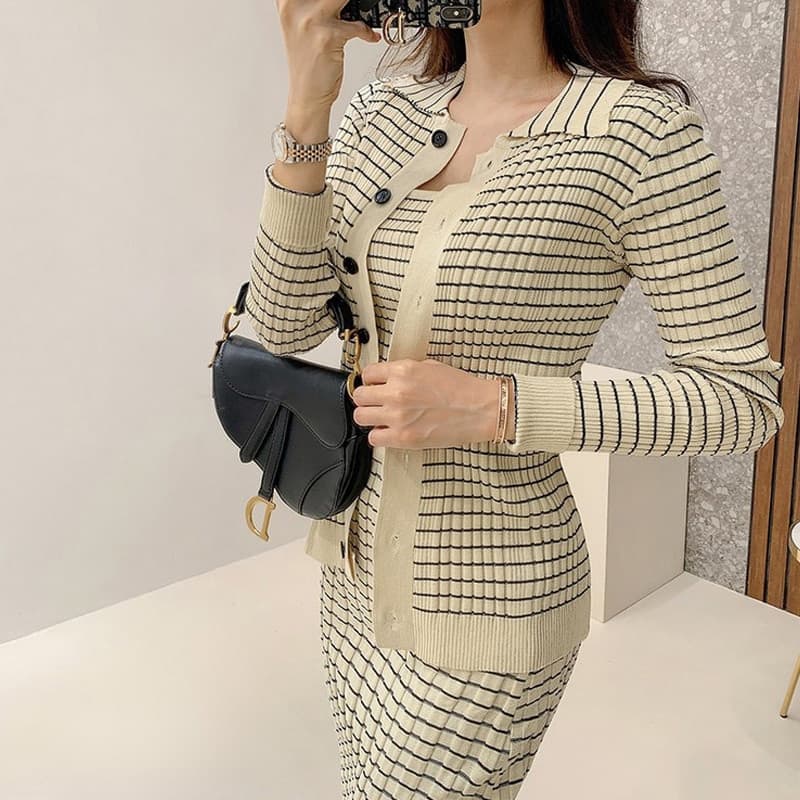 New Korean Knitting 3 Pieces Set Women Knitted Sling and Cardigan And Pencil Skirts Casual Simple Office Lady Skirt Suit