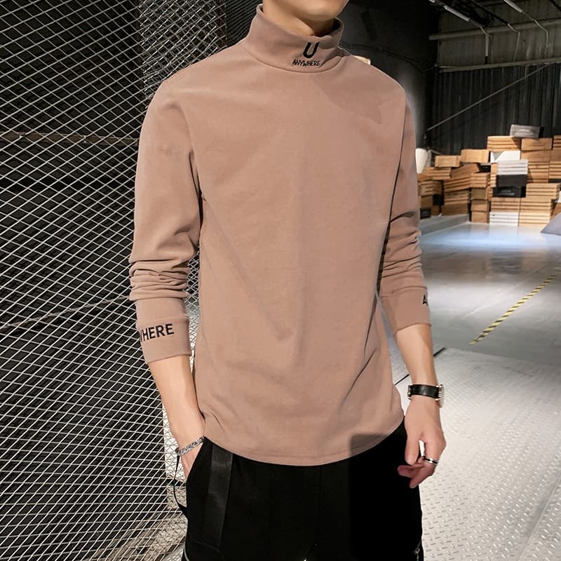 New Cashmere T Shirts Men Long Sleeve Embroidery Letter T Shirt Homme Turtleneck Streetwear Casual T shirts Male Fashion Tee