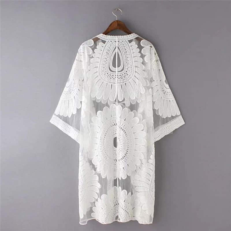 New Summer Swimsuit Lace Hollow Crochet Beach Bikini Cover Up 3/4 Sleeve Women Tops Swimwear Beach Dress White Beach Tunic Shirt