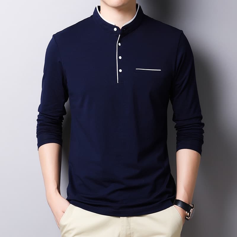 New Spring Men Polo Shirt 95% Cotton Solid Color Mandarin Collar Long Sleeve Polo Men Slim Fit Polo Homme T805