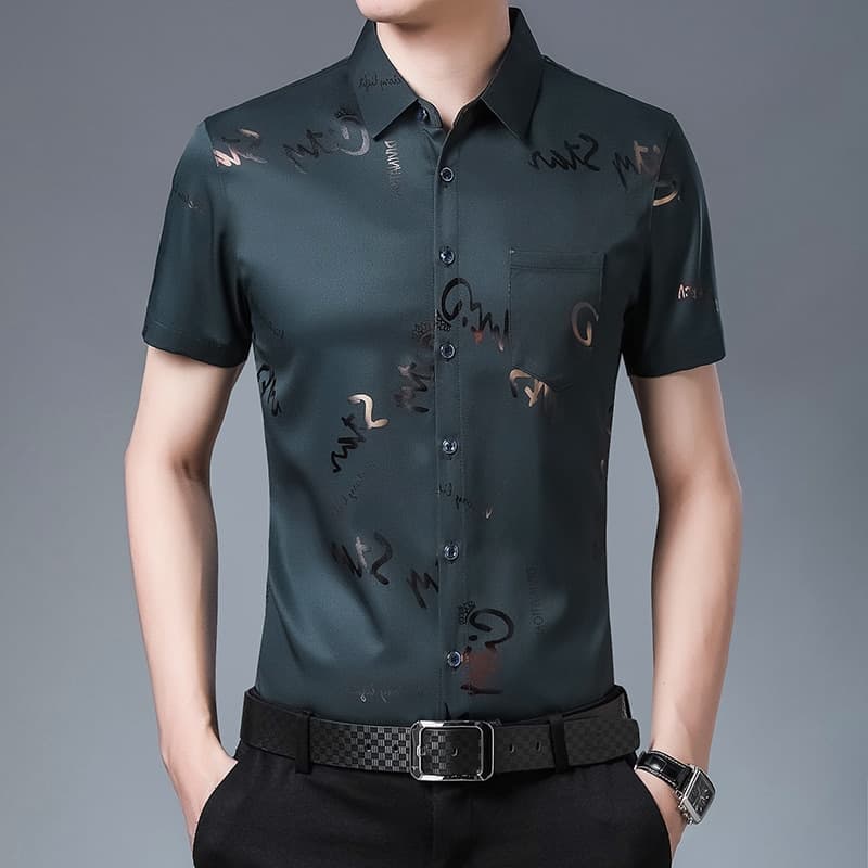 New Men Shirt High Quality Silk Print Summer Short sleeve Casual Shirts Men Slim Fit Camisa Masculina C749