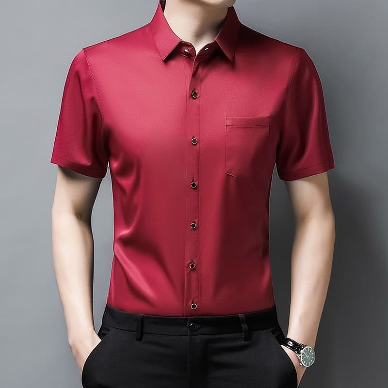 New Solid Color Dress Shirt Summer Short Sleeve Casual Shirts Men Slim Fit Silk Camisa Masculina Men Clothing C753