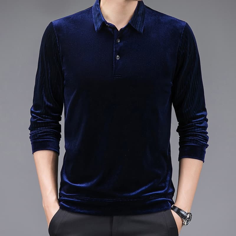 New High Quality Golden Velvet Luxury Polo Shirt Men Spring Long Sleeve Tee Shirt Homme Casual Slim Fit Camisa Polos T1129