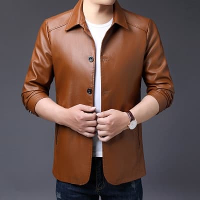 Crocodile brand slim leather jacket coat button Autumn and winter new windbreaker men’s lapel faux leather leather jacket