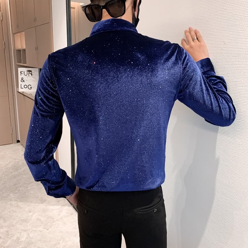 New Luxury Sequined Velvet Shirt Men Fashion Slim Fit Long Sleeve Casual Dress Shirt Social PartyTuxedo Blouse Camisas Para Hombre
