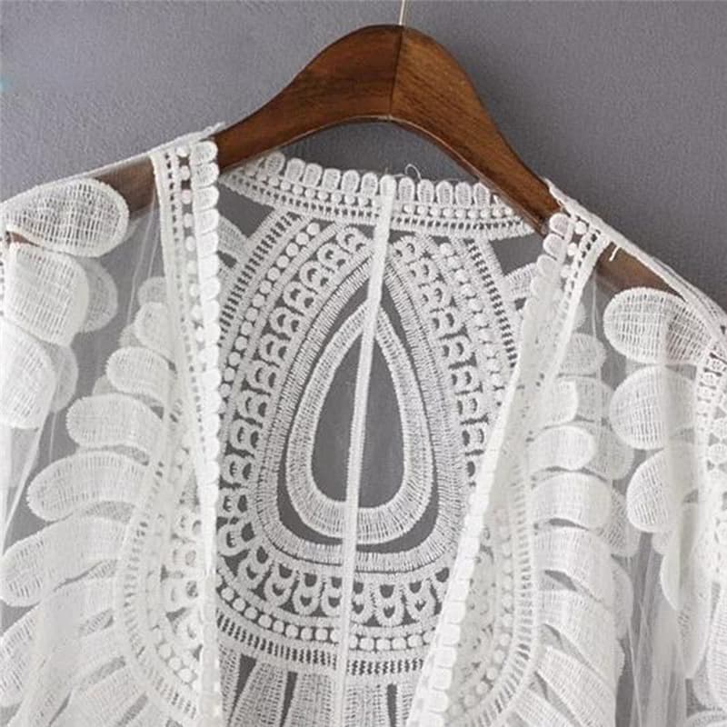 New Summer Swimsuit Lace Hollow Crochet Beach Bikini Cover Up 3/4 Sleeve Women Tops Swimwear Beach Dress White Beach Tunic Shirt
