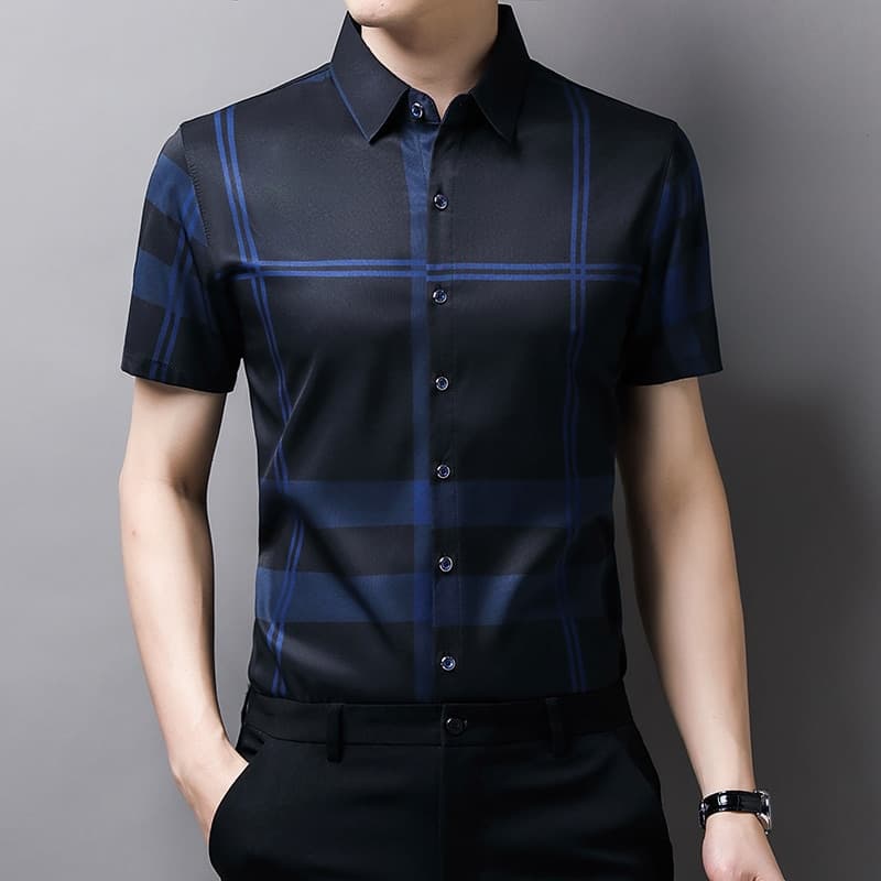 New Plaid Shirt Men High Quality Silk Summer Short sleeve Casual Shirts Men Slim Fit Camisa Masculina C748
