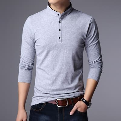 New Spring Men Polo Shirt 95% Cotton Solid Color Mandarin Collar Long Sleeve Polo Men Slim Fit Polo Homme T805
