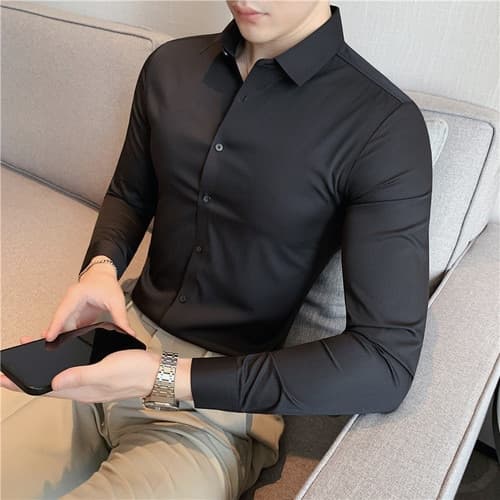 New High Elasticity Seamless Men Shirt Long Sleeve Slim Casual Shirt Solid Color Business Formal Dress Shirts Social Party Blouse