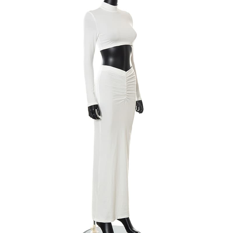 New Women Dress suit White 2 Pieces Long Sleeve High Neck Crop Top Ruched Midi Skirt Set Elegant Party Streetwear Vestidos