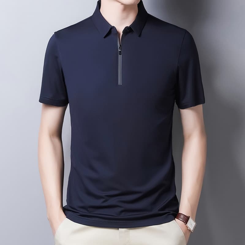 New Classic Solid Color Polo Shirt Men Silk Cotton Summer Short Sleeve Tee Shirts Homme Slim Fit Casual Zipper Camisa Polo T1014