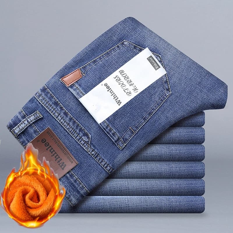 New Men Classic Regular Fit Fleece Jeans Business Fashion Loose Casual Stretch Pants Male Brand Plus Velvet Padded Warm Trousers