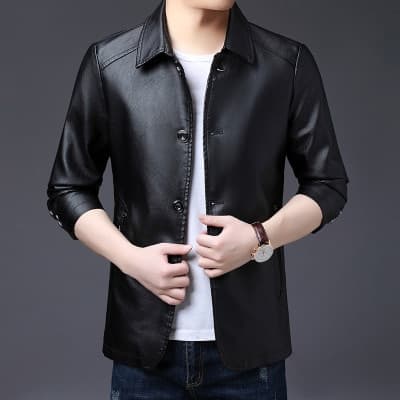 Crocodile brand slim leather jacket coat button Autumn and winter new windbreaker men’s lapel faux leather leather jacket