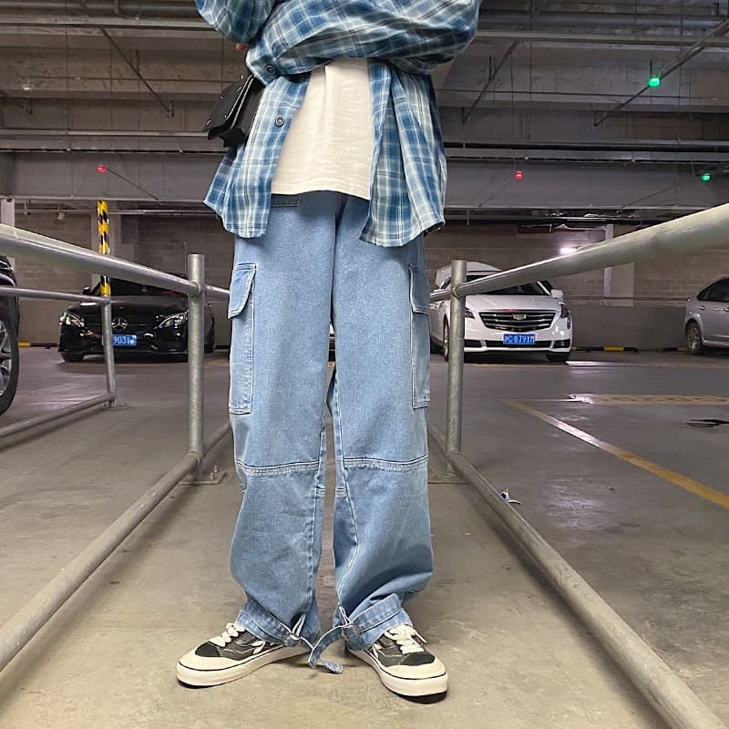 New Men Jeans Wide Leg Denim Cargo jean pants Loose Straight Baggy Men Jeans hip hop Streetwear Skateboard  Neutral denim Trousers