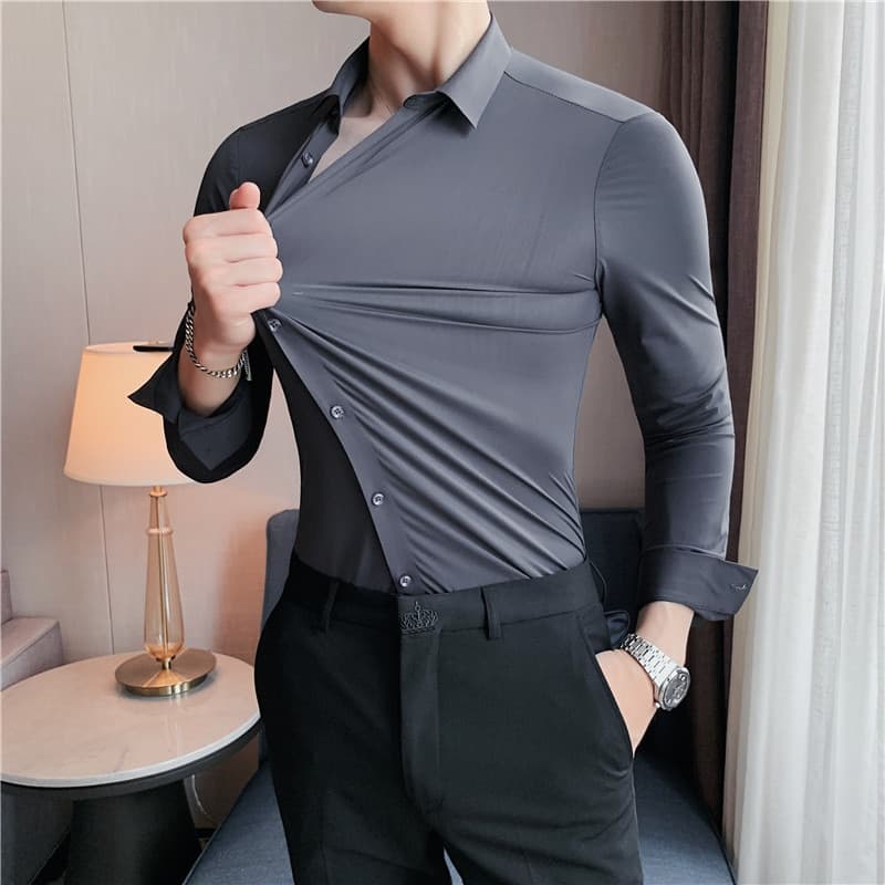 New High Elasticity Seamless Men Shirt Long Sleeve Slim Casual Shirt Solid Color Business Formal Dress Shirts Social Party Blouse