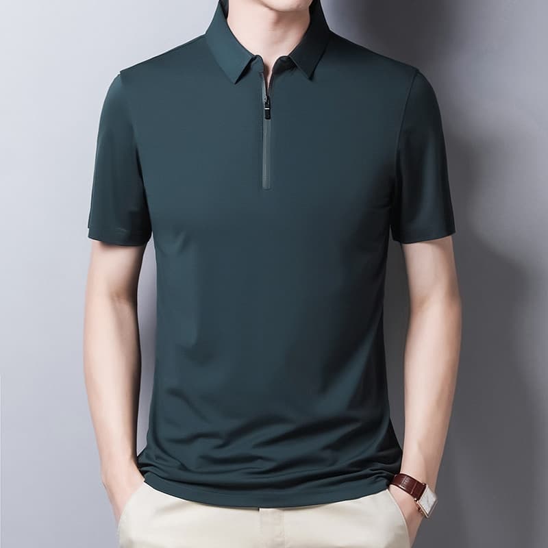 New Classic Solid Color Polo Shirt Men Silk Cotton Summer Short Sleeve Tee Shirts Homme Slim Fit Casual Zipper Camisa Polo T1014