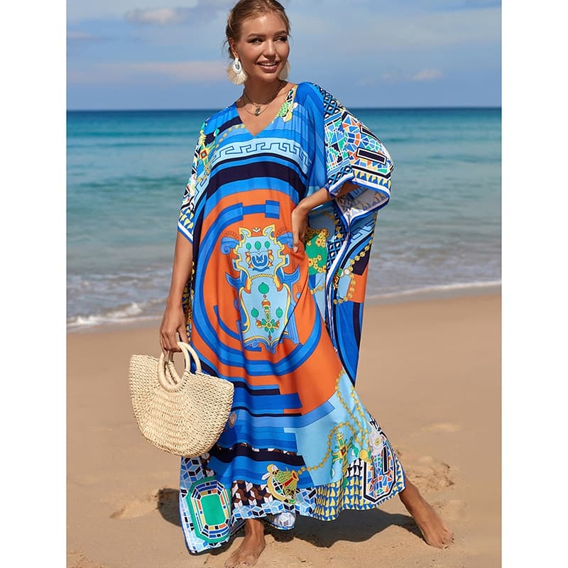 New Loose Boho Style Maxi Dress Print Face Swim Suit Cover-up Bohemian Dress Robe Plage Kaftan Maxi Dress Beach Wear Tunics