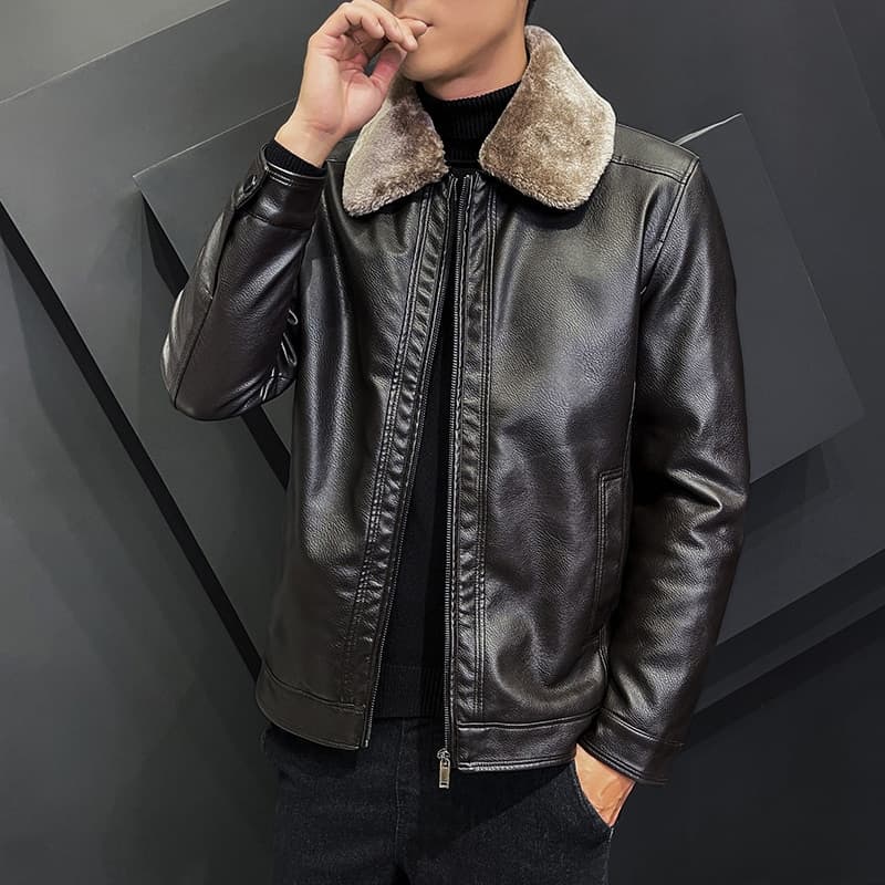 New Men Winter Brand Leather Jacket PU Leather Jackets Mens High Quality Zipper Fur Collar Clothing Winter Plush Top Leather Jackets