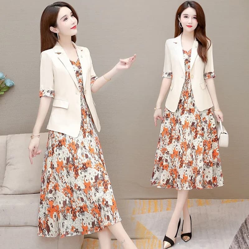 New Summer Casual Floral Dress Suits Women 2 Piece Set Korean Thin Half Sleeve Blazer Jacket Sleeveless Chiffon Tank Dress Outfits