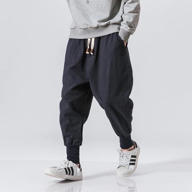 New Cotton Linen Harem Pants Men Solid Elastic Waist Streetwear Joggers Baggy Drop Crotch Pants Casual Trousers Men