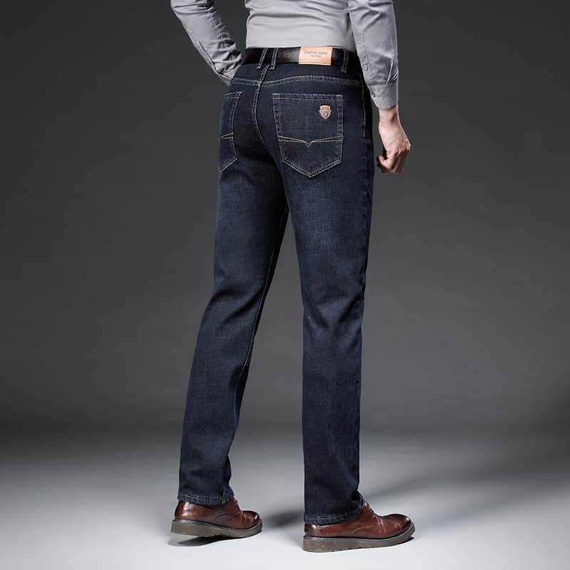 New Winter Brand Fit Straight Fleece Thick Warm Jeans Classic Badge Youth Men Business Casual High waist Denim Jeans