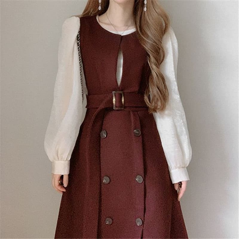 New Korean Chic Office Lady Elegant Tank Dress O-neck Double Breasted Sleeveless Robe Spring New Belt Slim Wasit Vestidos Mujer