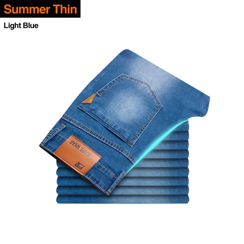 New Classic Style Men Brand Jeans Business Casual Stretch Slim Denim Pants Light Blue Black Trousers Male