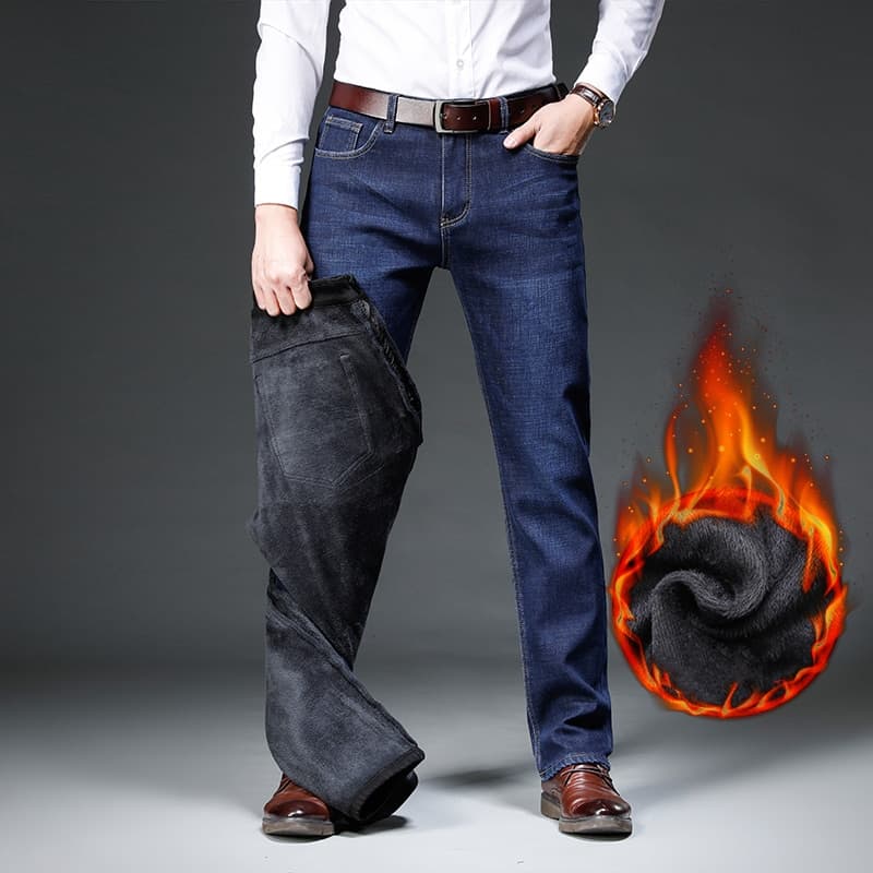 New Winter Brand Fit Straight Fleece Thick Warm Jeans Classic Badge Youth Men Business Casual High waist Denim Jeans