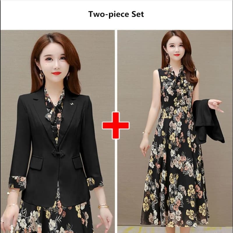 New Spring Autumn New Suit Jacket Dress Two-piece Women’s Elegant Blazers Floral Long Skirt Set Female Office Professional Wear