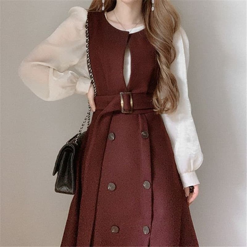 New Korean Chic Office Lady Elegant Tank Dress O-neck Double Breasted Sleeveless Robe Spring New Belt Slim Wasit Vestidos Mujer