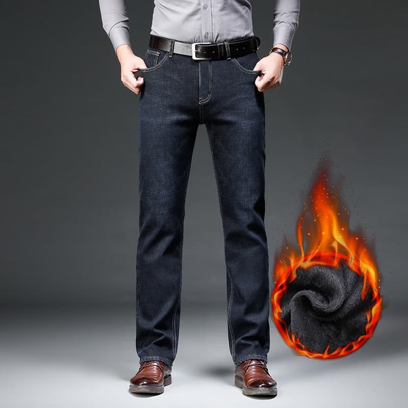 New Winter Brand Fit Straight Fleece Thick Warm Jeans Classic Badge Youth Men Business Casual High waist Denim Jeans
