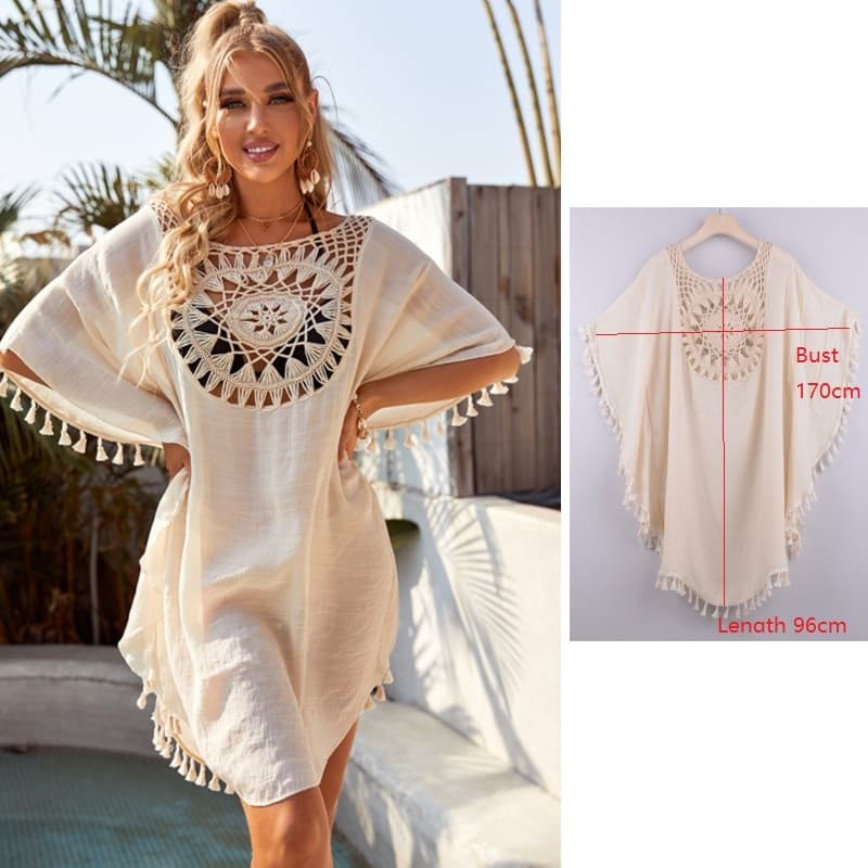 Women Beach Dress Bikini Cover Up Boho Mujer Dresses for Woman Swimwear Cover-Ups Summer Crochet Tunic