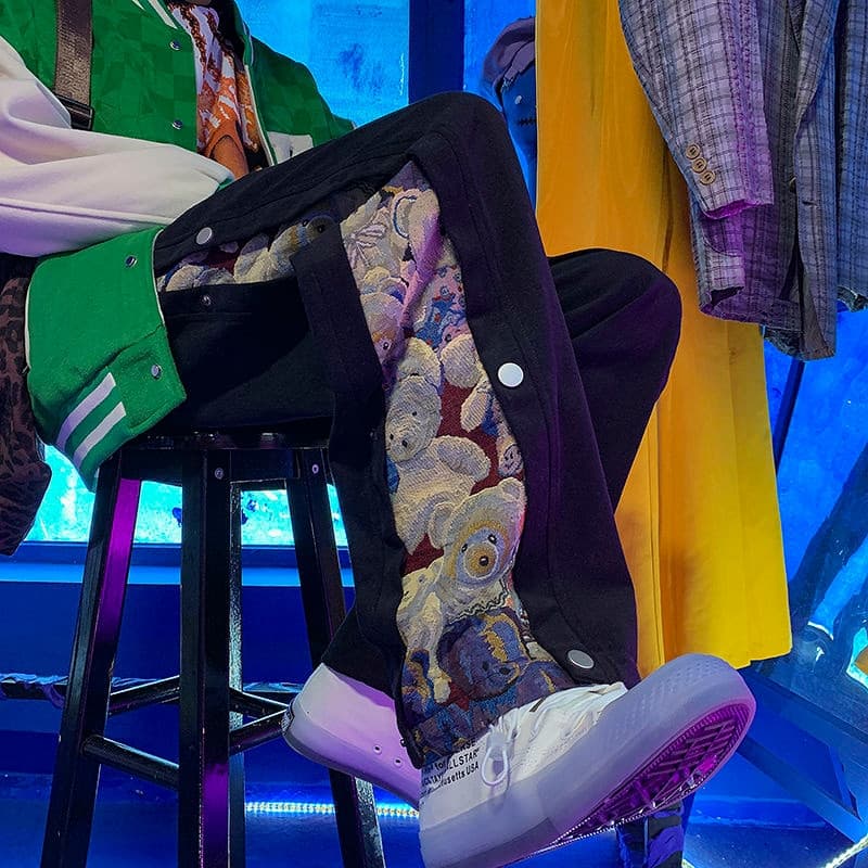 New Button Cartoon Printing Men Pants Straight High Street Trousers Trend Loose Casual Bear Streetwear Hip Hop Male Pants