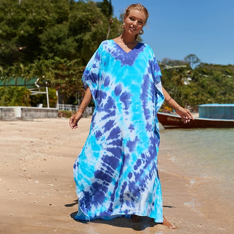New Loose Boho Style Maxi Dress Print Face Swim Suit Cover-up Bohemian Dress Robe Plage Kaftan Maxi Dress Beach Wear Tunics