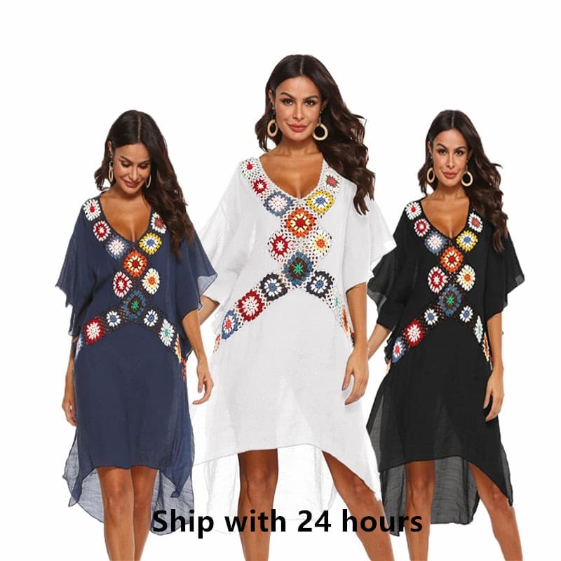 Women Beach Dress Bikini Cover Up Boho Mujer Dresses for Woman Swimwear Cover-Ups Summer Crochet Tunic