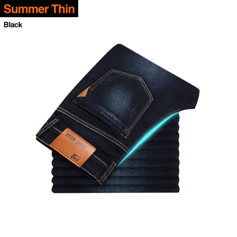 New Classic Style Men Brand Jeans Business Casual Stretch Slim Denim Pants Light Blue Black Trousers Male