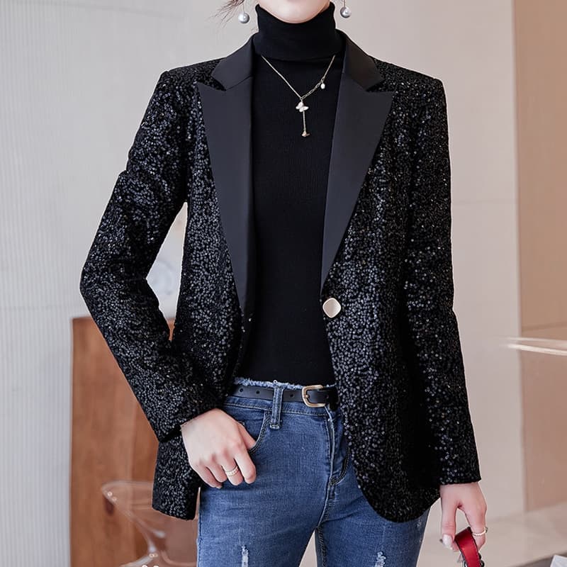 New Women Sequin Blazer Suits Fashion Elegant Single Button Jacket Basic Coat Club Fall Clothes