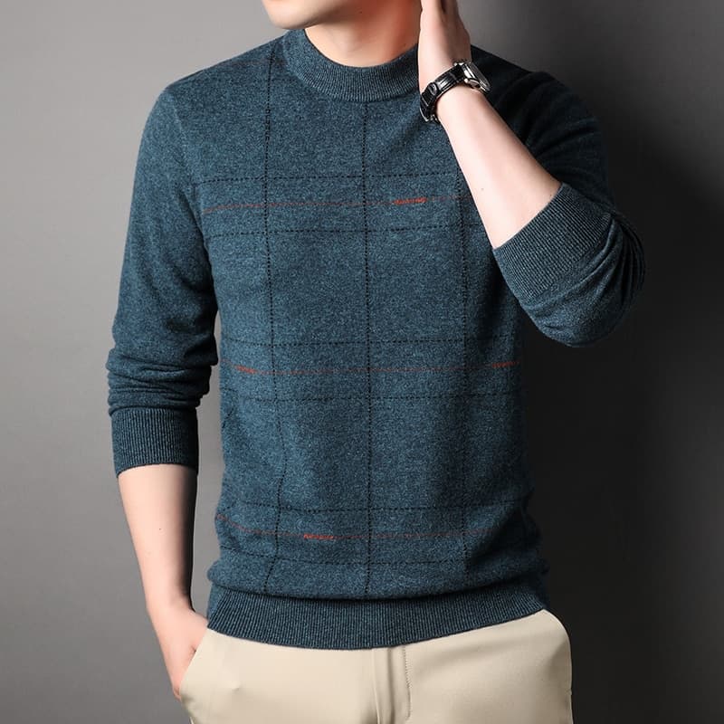 New Wool Plaid Pullover Men Sweaters Luxury Long Sleeve Round Collar Computer Knitted Spring Autumn Male Sweaters 4XL