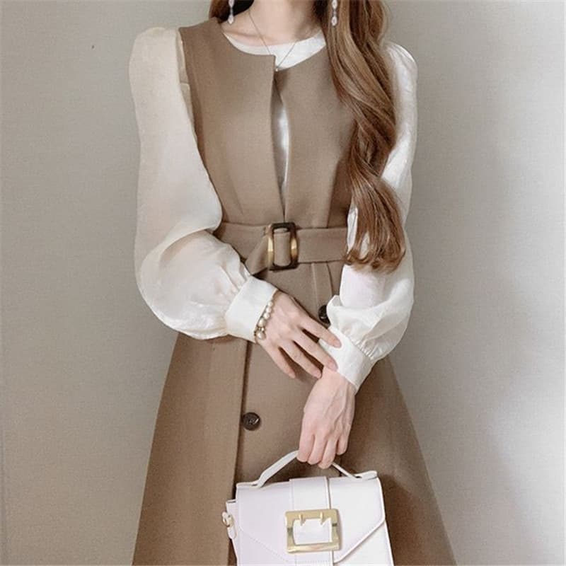 New Korean Chic Office Lady Elegant Tank Dress O-neck Double Breasted Sleeveless Robe Spring New Belt Slim Wasit Vestidos Mujer